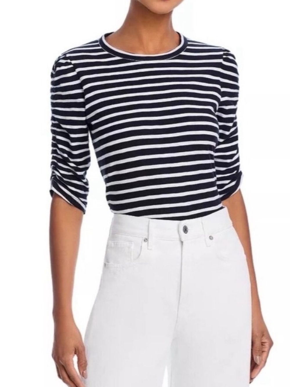 VERONICA BEARD waldorf striped ruched sleeve tee navy white size XL